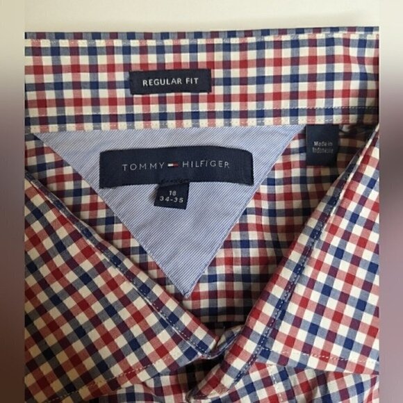 Tommy Hilfiger Men Regular Fit Stretch Dress Shirt SZ 18 34-35 CHECKER BLUE RED - Picture 6 of 10